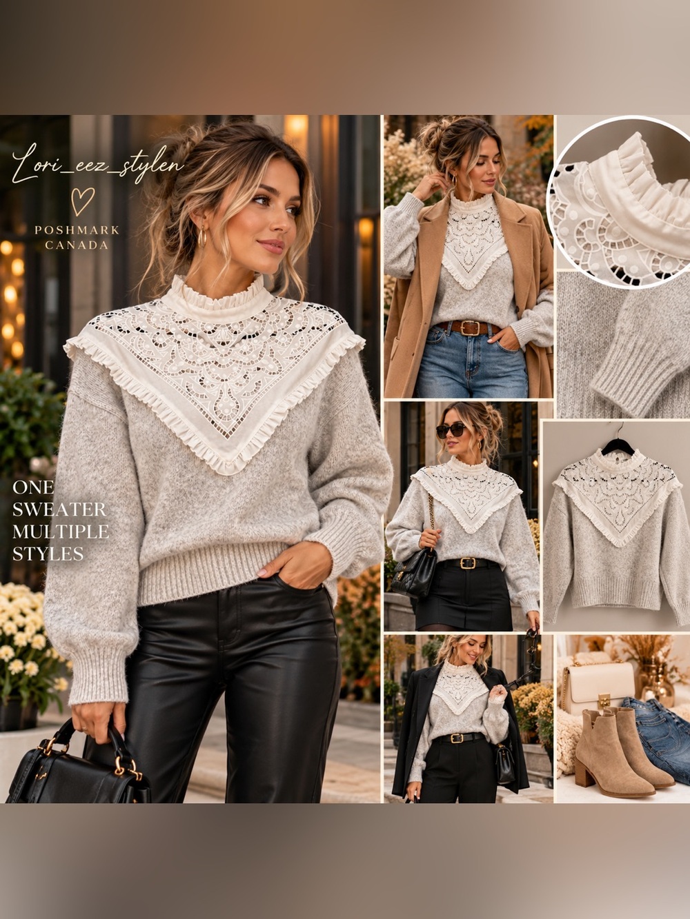 Elegant Cream Lace-Trim Gray Sweater - Women's Knit Top